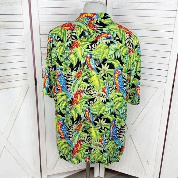 Pineapple Connection Tropical Parrots Hawaiian Camp Shirt Black Green Large - Picture 4 of 10
